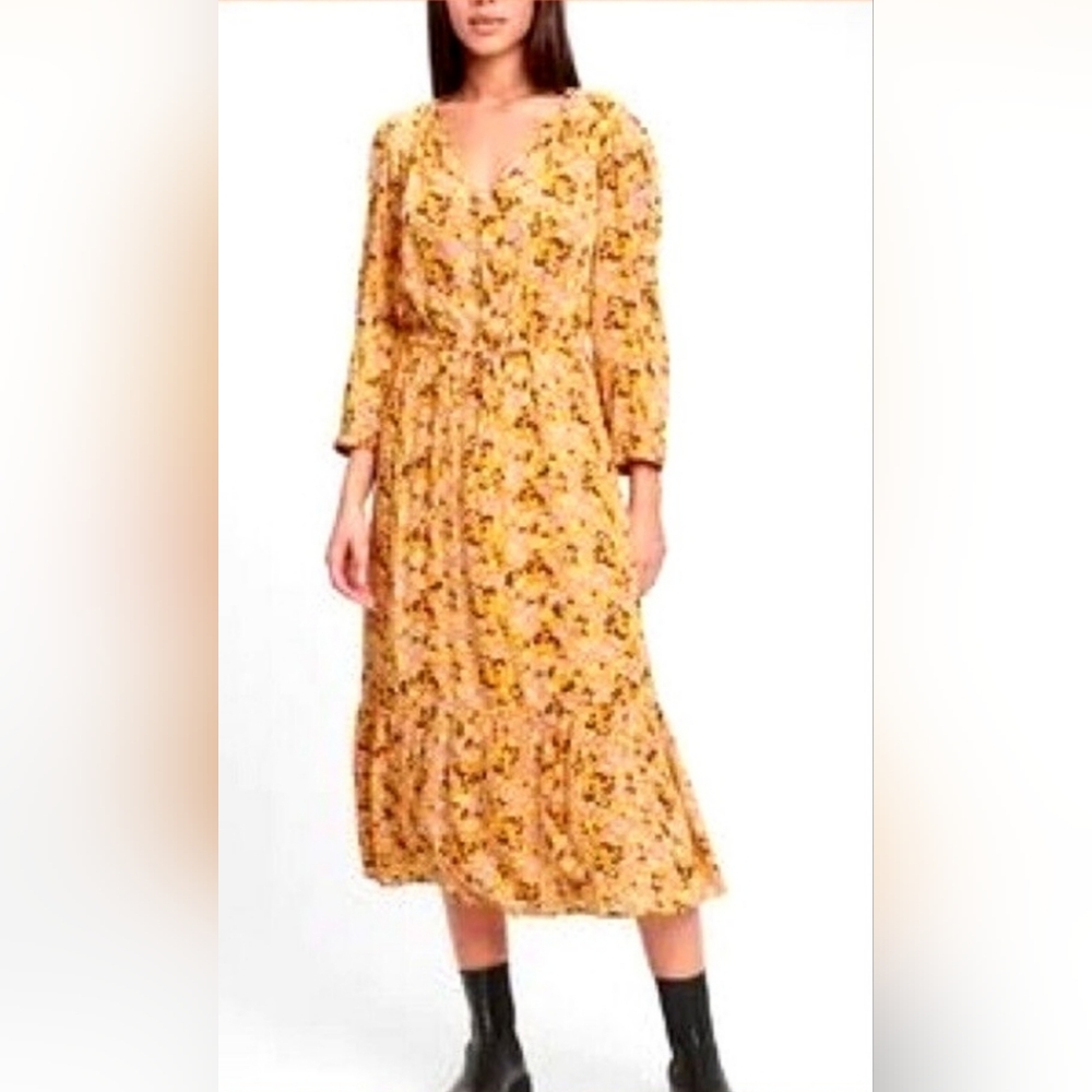 💛GAP Floral Print Tiered Midi Dress Golden Yellow Prairie Cottage XXL